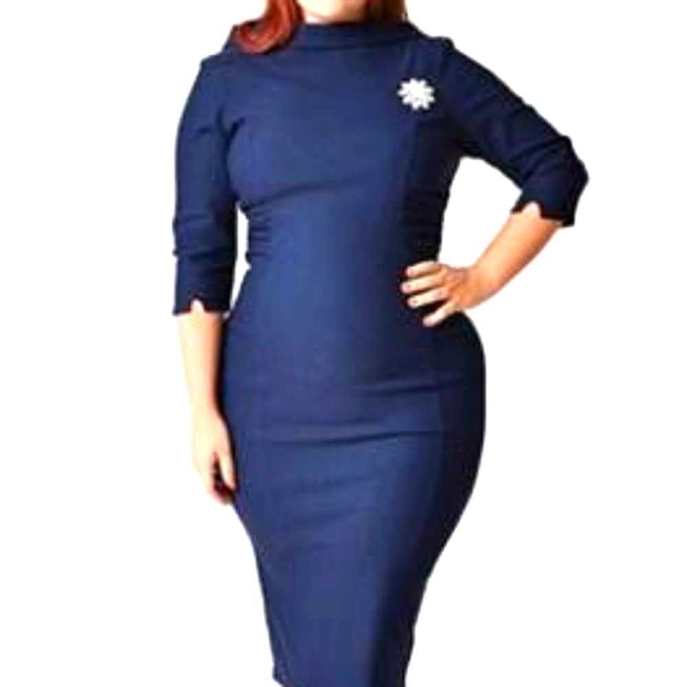Cute Retro Pencil Dress Size M - Unique Vintage Navy Blue